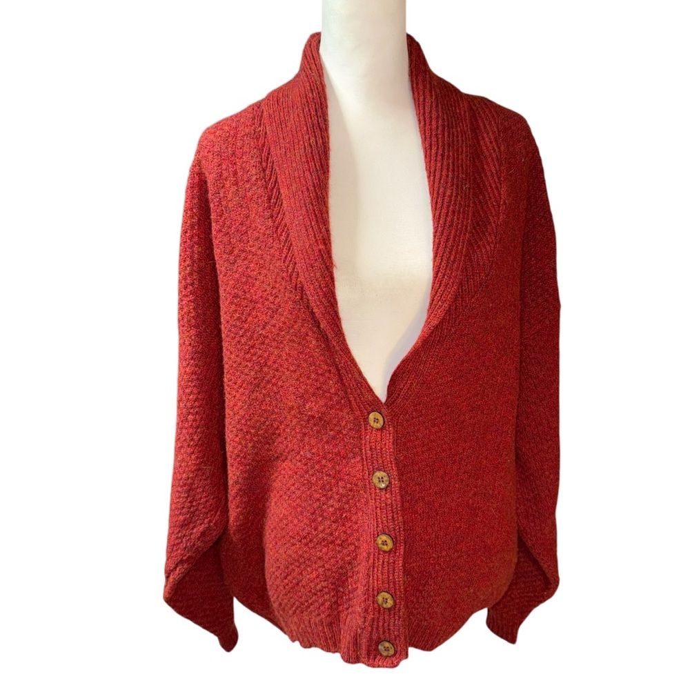 Vintage Lands End Shetland Wool Cardigan Made in Scotland Grandpa Sweater L red